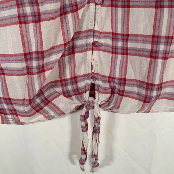 Paige Blouse Women’s Medium Plaid Short Sleeve Button Up Vneck Tie Top - Picture 2 of 9